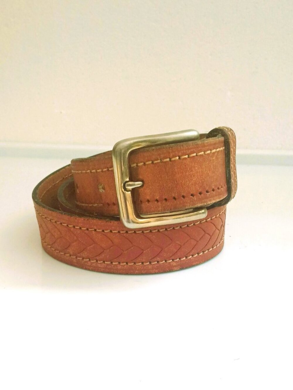 Men's Vintage Brown Basket Weave Belt 34 Embossed Full Grain Cowhide Leather